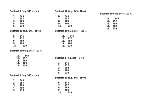 Adding and Subtracting 1, 10 and 100 from 2 and 3 digit numbers