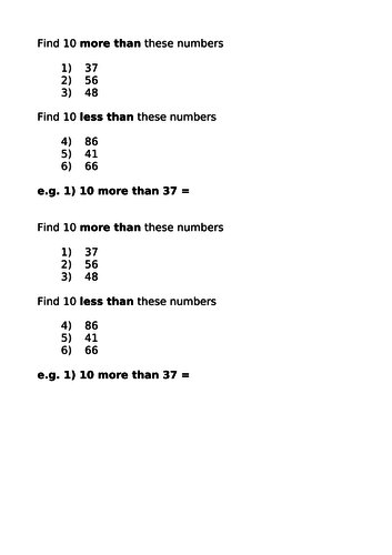 Finding 10 more or 10 less than numbers up to 100