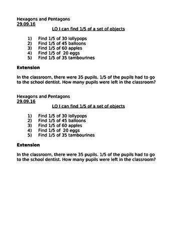 Fractions finding half of a set of objects , reasoning activity