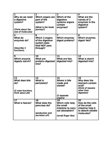 Digestion revision squares