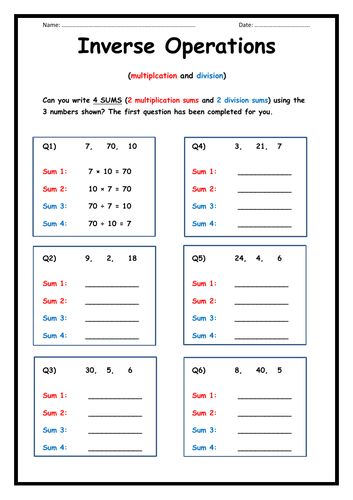 Inverse Operations - Multiplication & Division sums | Teaching Resources