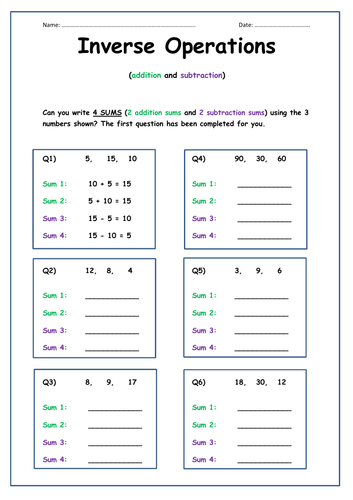 Inverse Operations Addition Subtraction Sums Teaching Resources