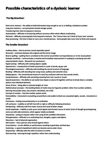 Possible Characteristics of the Dyslexic Learner