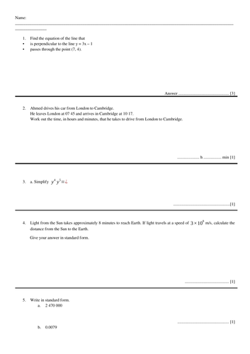 Maths Test+Answers (IGCSE/GCSE): Straight line and Travel graphs, Limits of accuracy ...