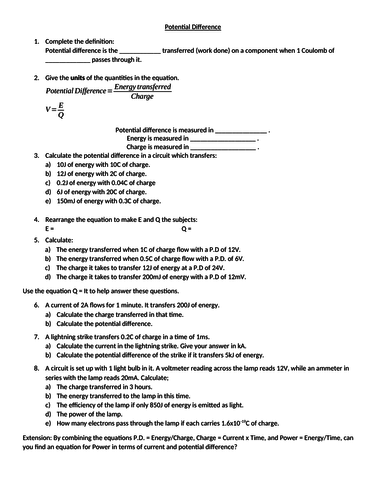 Potential Difference, Energy and Charge worksheet