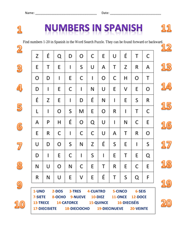 Free Spanish Worksheets Word Search Numbers