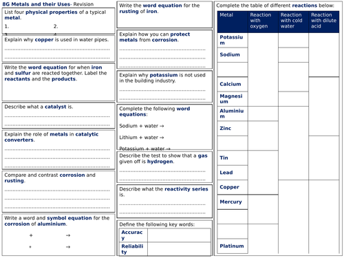 exploring science 8g revision worksheet metals and their uses teaching resources
