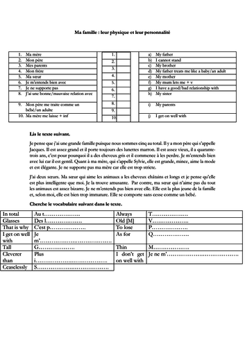 GCSE - French - family relationships (reading, exam style questions, translations, grammar analysis)