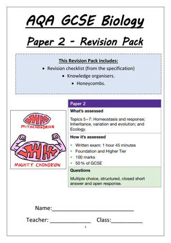 AQA GCSE Biology (9-1) Paper 2 Revision Pack - Revision Checklist, Knowledge Organiser & Recall Map