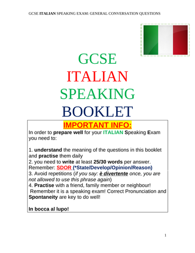 NEW ITALIAN GCSE SPEAKING BOOKLET WITH ANSWERS!