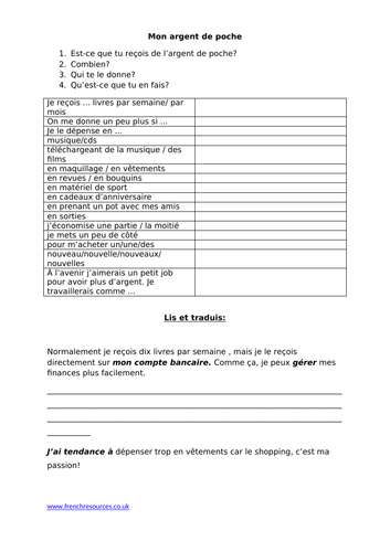 GCSE Mon argent de poche worksheet