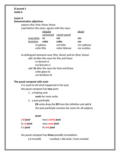 D'accord 1 Unité 6 Study Guide