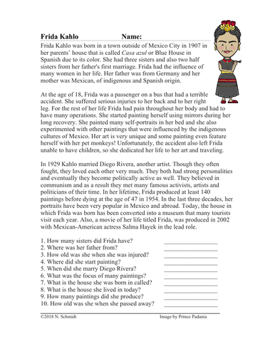 Frida Kahlo Biography On A Famous Hispanic Artist English Version Teaching Resources