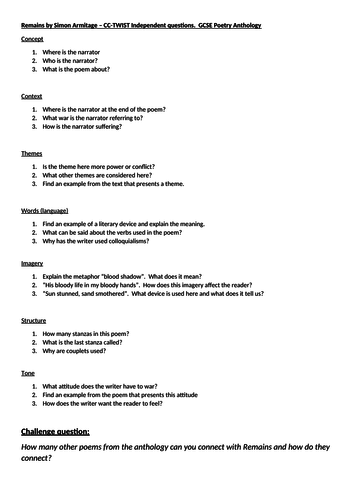Simon Armitage Remains - analysis question sheet