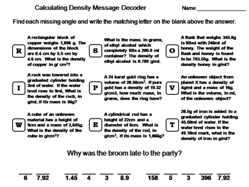Calculating Density Worksheet: Math Message Decoder