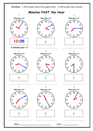 telling the time minutes past the hour worksheet teaching resources