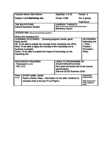 1.4.3 Marketing Mix Edexcel GCSE Business Education whole lesson
