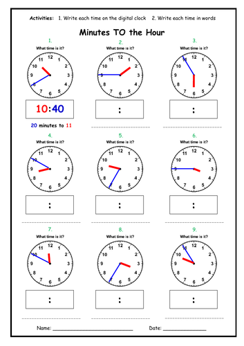 Telling the Time - Minutes TO the Hour Worksheet