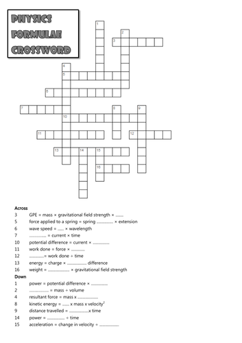 AQA Physics Formulae Crossword