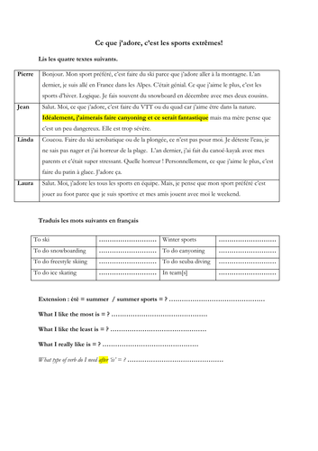 KS3 - French - Sports extremes -  Allez 1 8.2 (grammar - translation - reading)