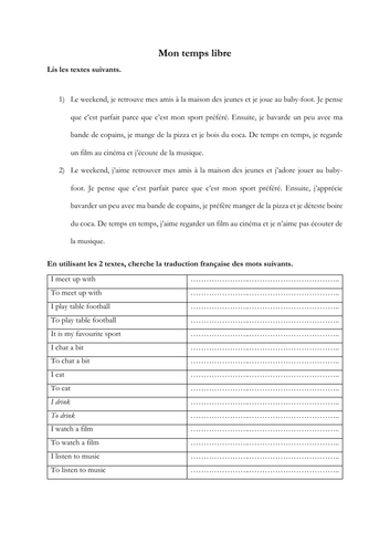 KS3 - French - ER verbs / opinions - Allez 1 3.2  (reading - grammar - translations)