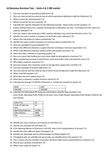 AQA AS/A2 Business U's 4&5 Revision Test