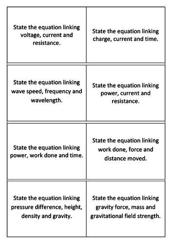 OCR Physics Equations, Units and Facts that need to be learned Revision cards