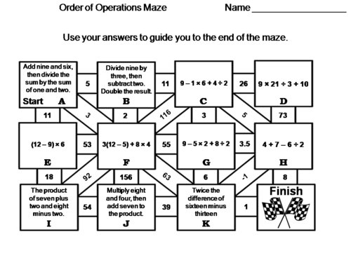 Order of Operations No Exponents Math Maze