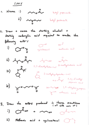 Worksheet  on esters, with answers