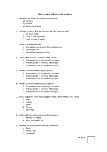 GCSE multiple choice question sheet on the nitrogen cycle with answer sheet