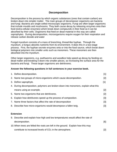 GCSE comprehension question sheet on decomposition, with mark scheme