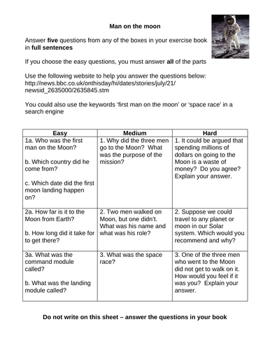 KS3 research homework on the moon landings - differentiated on 3 levels, with mark scheme
