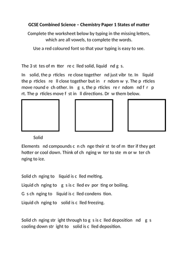 Complete the worksheets on Chemistry by filling in the missing vowels.