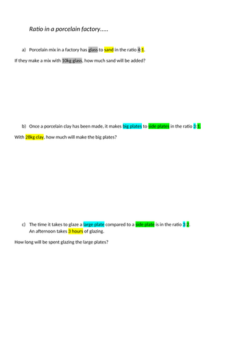 ratio  in a porcelain factory! for year 6 level