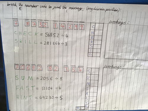 Division practise for break the code puzzle