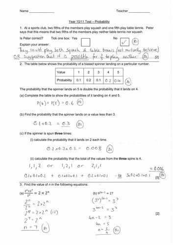 IGCSE Probability Test