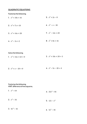 Factorising/Solving Quadratic Equations