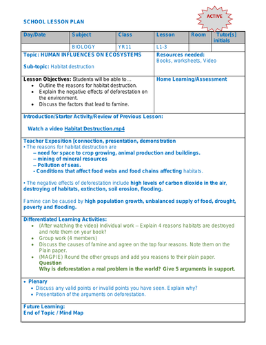 Biology Lesson Plan on Habitat destruction IGCSE