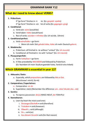 Grammar bank with core content for German written examinations