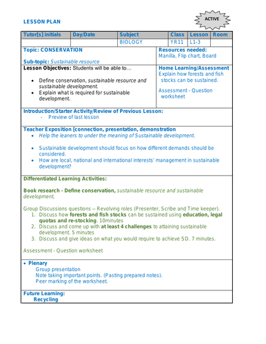 Biology Lesson Plan on Sustainable Development  IGCSE