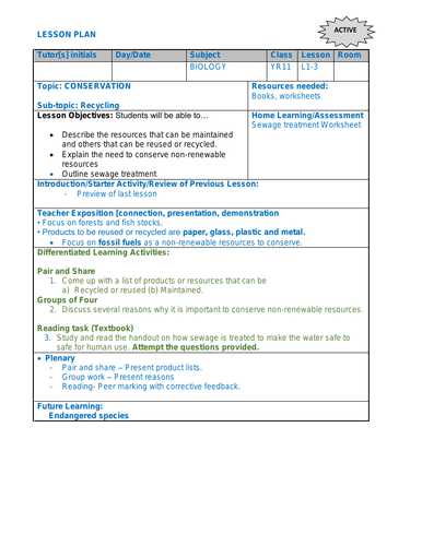 Biology Lesson Plan on Recycling IGCSE