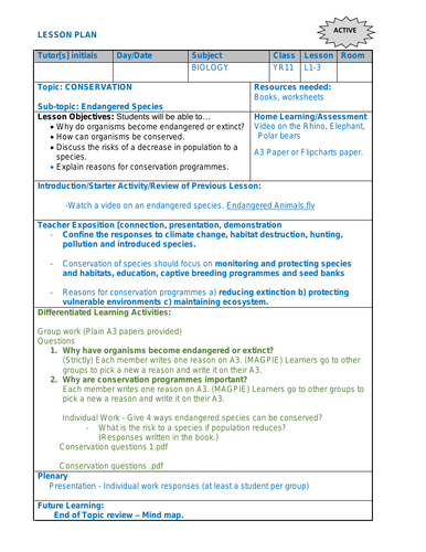 Biology Lesson Plan on Endangered Species IGCSE