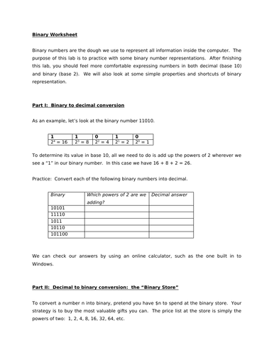Binary worksheet