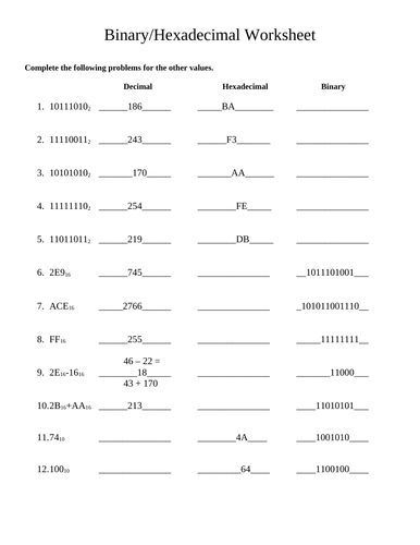 Binary & Hexadecimal Worksheet