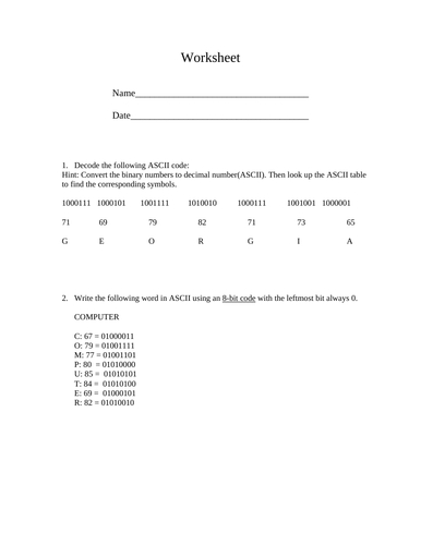 Ascii Worksheet