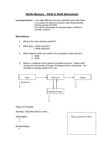 Memory - RAM & ROM worksheet