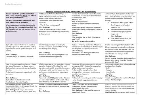 Homework Activities Grid - An Inspector Calls