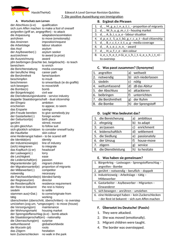 Edexcel A Level Vocabulary Worksheets: Immigration und die deutsche multikulturelle Gesellschaft