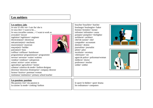 Les Métiers. Jobs vocabulary support mat