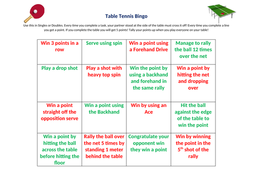 Table Tennis Bingo